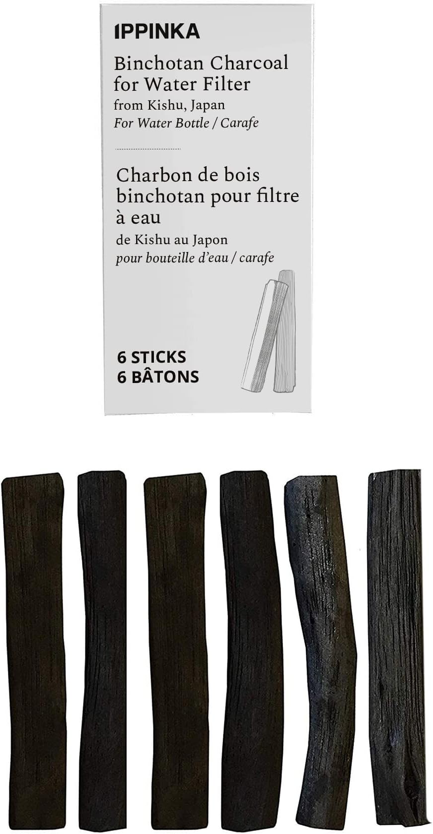 Binchotan Charcoal - Water Purifying Stick From Kishu, Japan for Great-Tasting Water - Each Filters Personal-Sized Water Bottle - 6 Slim Sticks