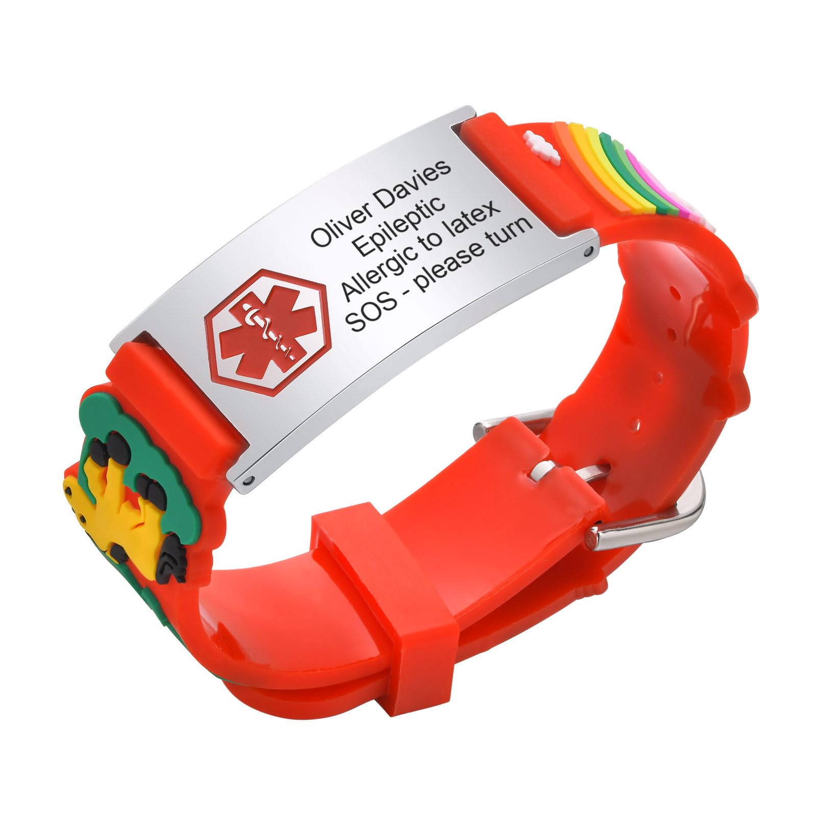 Kids Bracelet Safety ID Wristbands - Personalised Medical Alert ID Bracelets with Red Silicone Cartoon Pattern, Outdoor Anti-Lost Wristband with Emergency Contact Information For Daughter Girls Child