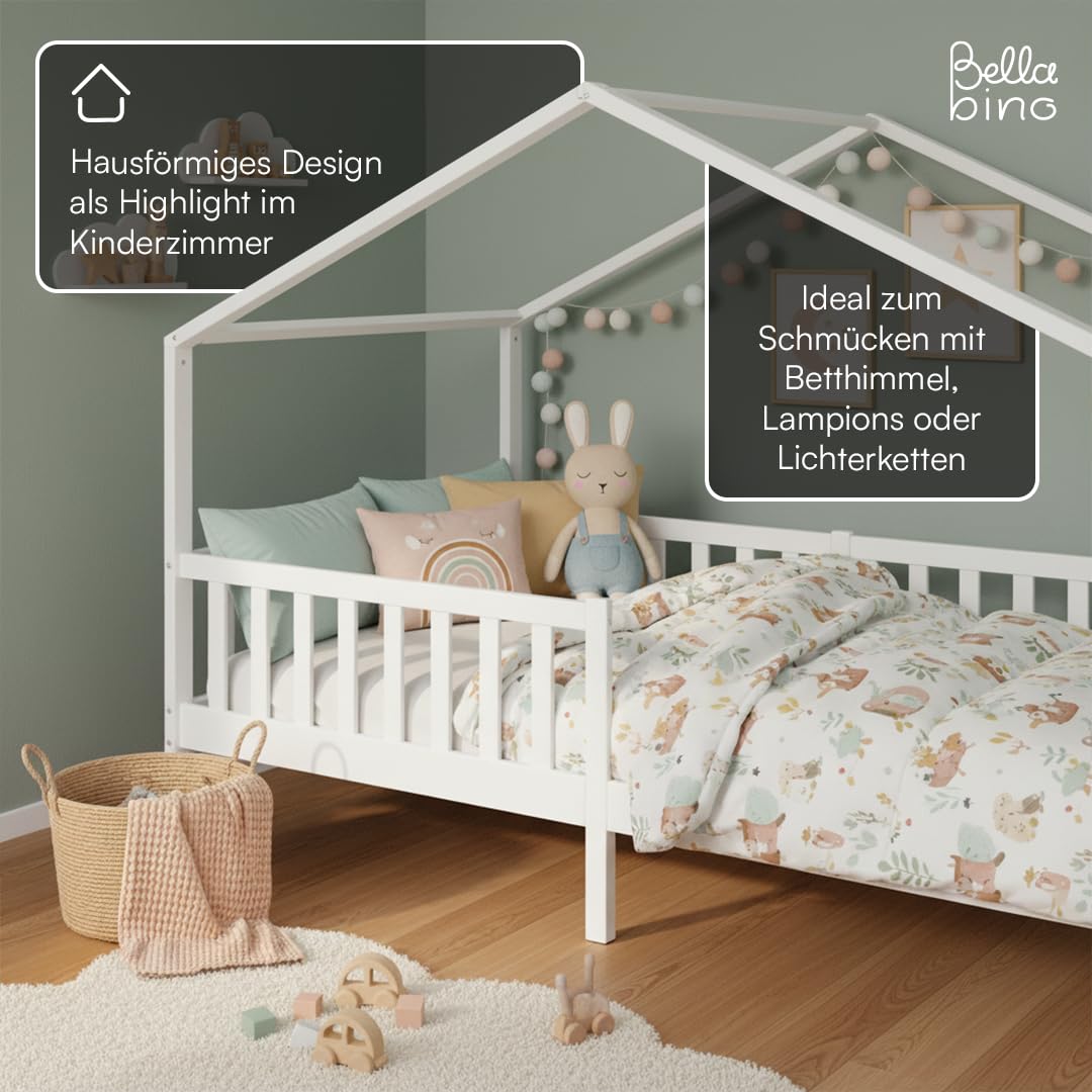 Bellabino Bia Kinderbett 90x200 cm – Hausbett mit Rausfallschutz & Lattenrost – Montessori Kinder Bett aus Massivholz Kiefer – Kinderhausbett für Jungen und Mädchen in Weiß
