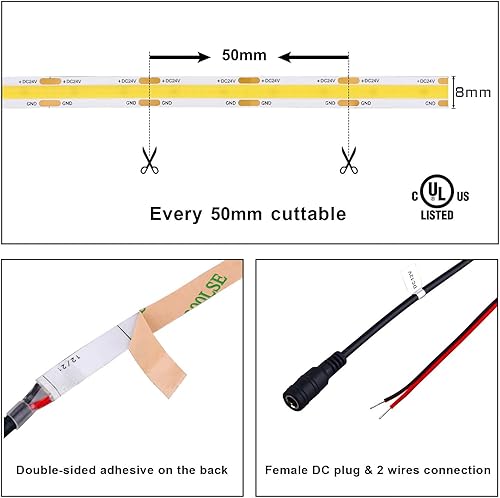 Miniatura 5 de COB - Tira de luces LED con certificación UL, CC de 24 V, tiras LED flexibles y superbrillantes, 16.4 pies, 4000 K, blanco natural, CRI 90+, 2400