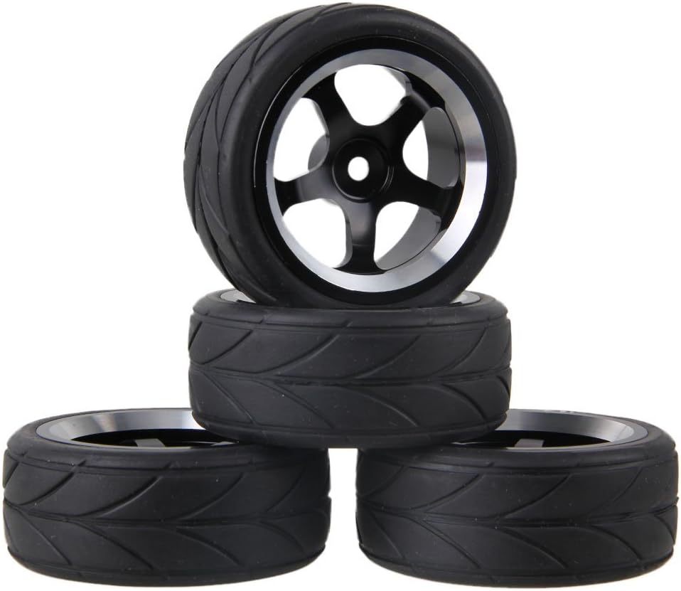 1:10 RC On-Road Racing Car Rubber Tires & Alloy Aluminum Wheels Rims for 1/10 Scale On Road Cars HSP HPI (Black)