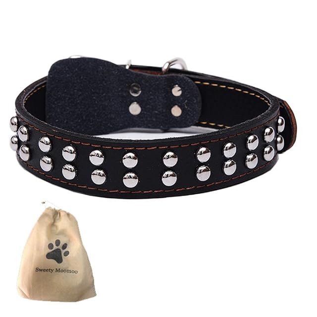 Sweety Moomoo - Collar de Cuero auténtica para Perros medianos, Grandes y Extra Grandes (XL, Negro)