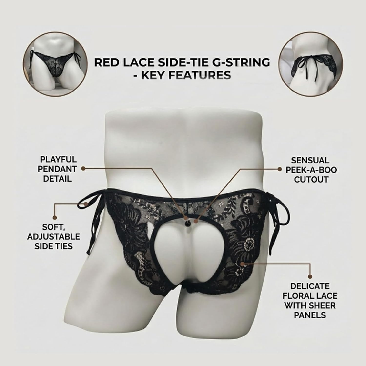 Men's Sexy Lace Thong Heart Cut-Out Sheer Pouch Pearl Pendant Sissy Lingerie Low Rise One Size 26-36 & 2-Pack