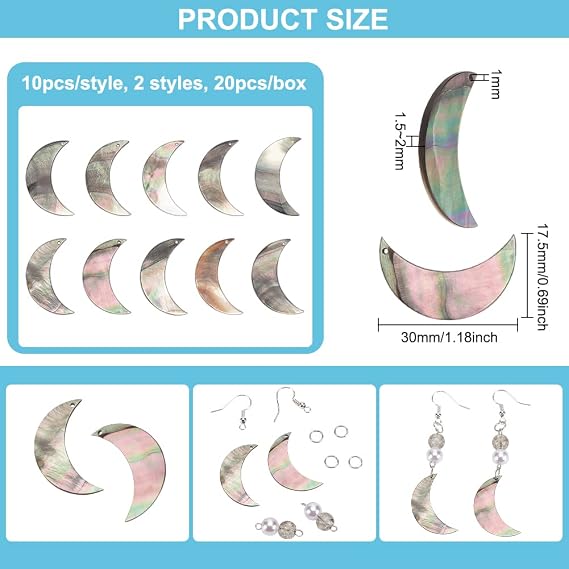 BENECREAT 20 Pcs Black Lip Shell Moon Pendants - Mother of Pearl, Flat, Suitable for Jewelry Making, DIY Craft, Beading, Necklace, Earrings - 17.5x30x1.52mm