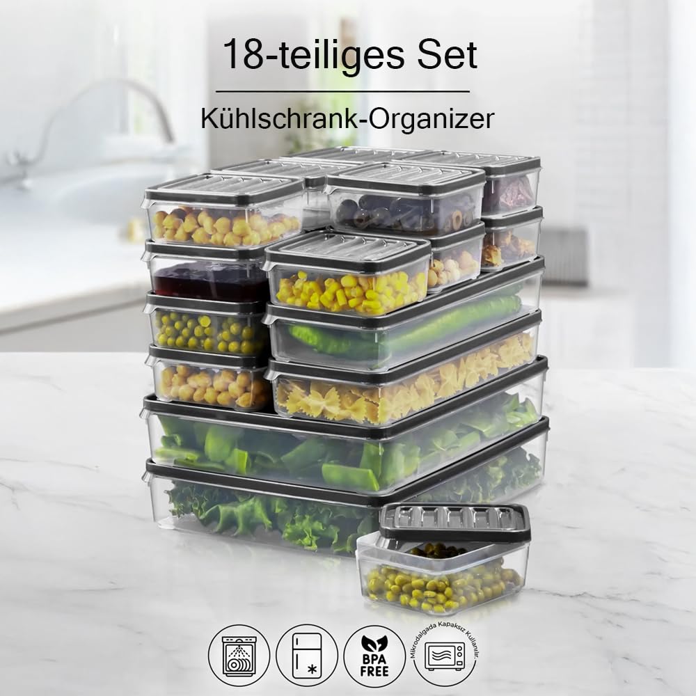 18-teiliges Vorratsdosen Set – 250ml x12, 1000ml x4, 2500ml x2 – BPA-frei, mikrowellengeeignet (ohne Deckel), gefrierfest, stapelbar, ideal für Kühlschrank & Vorrat