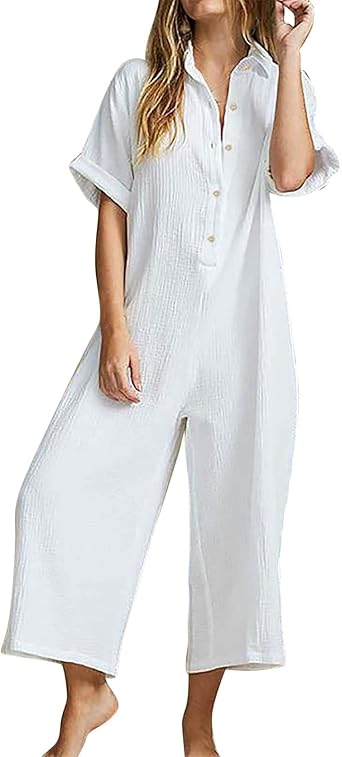 Vacation Outfits for Women Plus Size Loose Fit Cozy Jumpsuits Half Button Maternity Jumpsuit Baggy Cotton Overalls