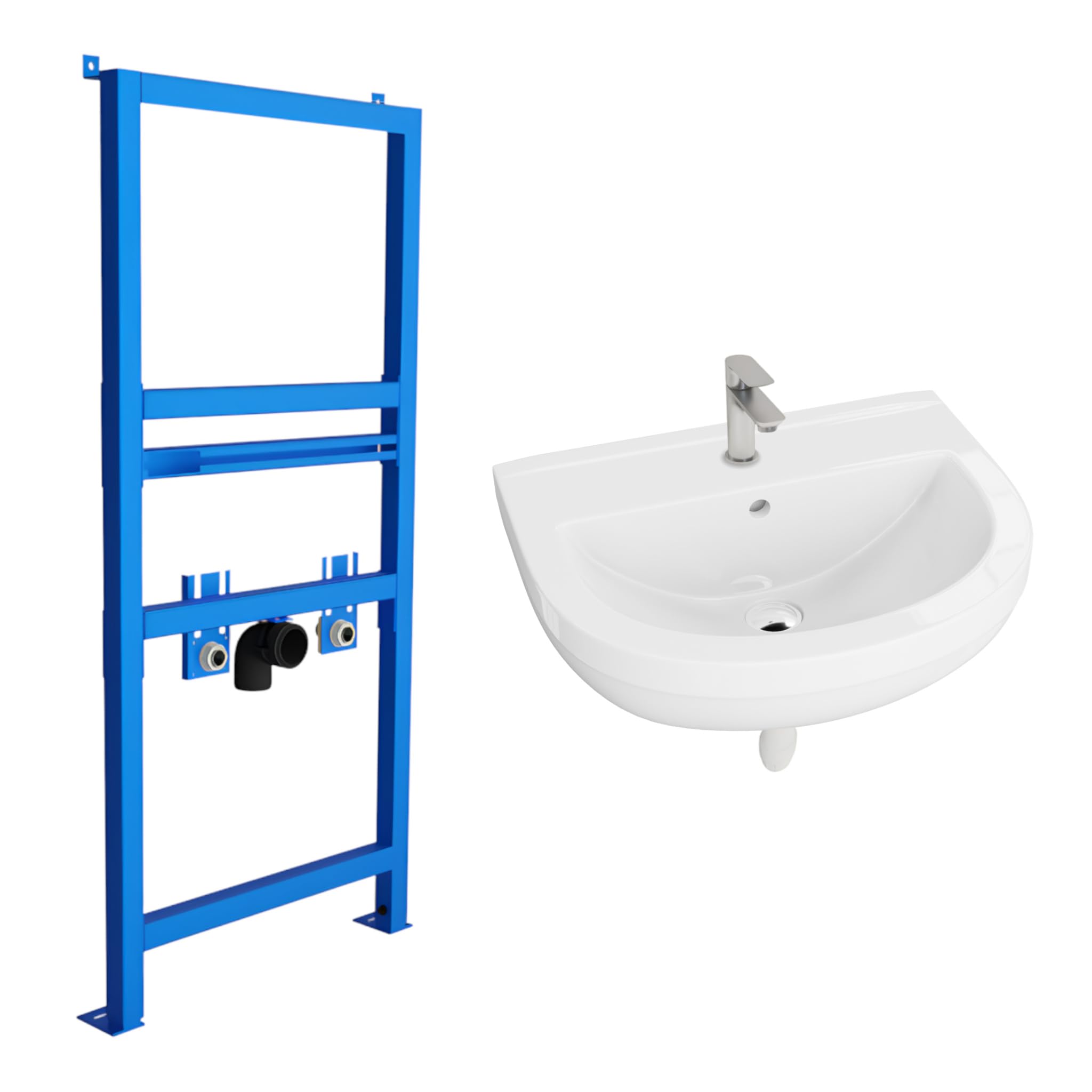 Lavita Waschbecken Komplettset – Wandwaschbecken Bart mit Armatur, Vorwandelement, Click-Clack-Ablauf, Siphon und Montageset, Weiß/Chrom