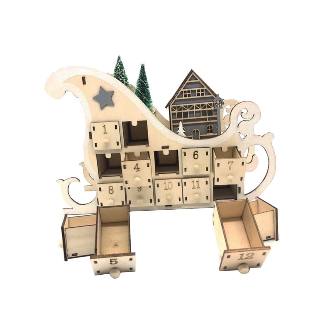 Calendrier de l'Avent en bois 24 cases : traîneau décoration de Noël pour maison et bureau
