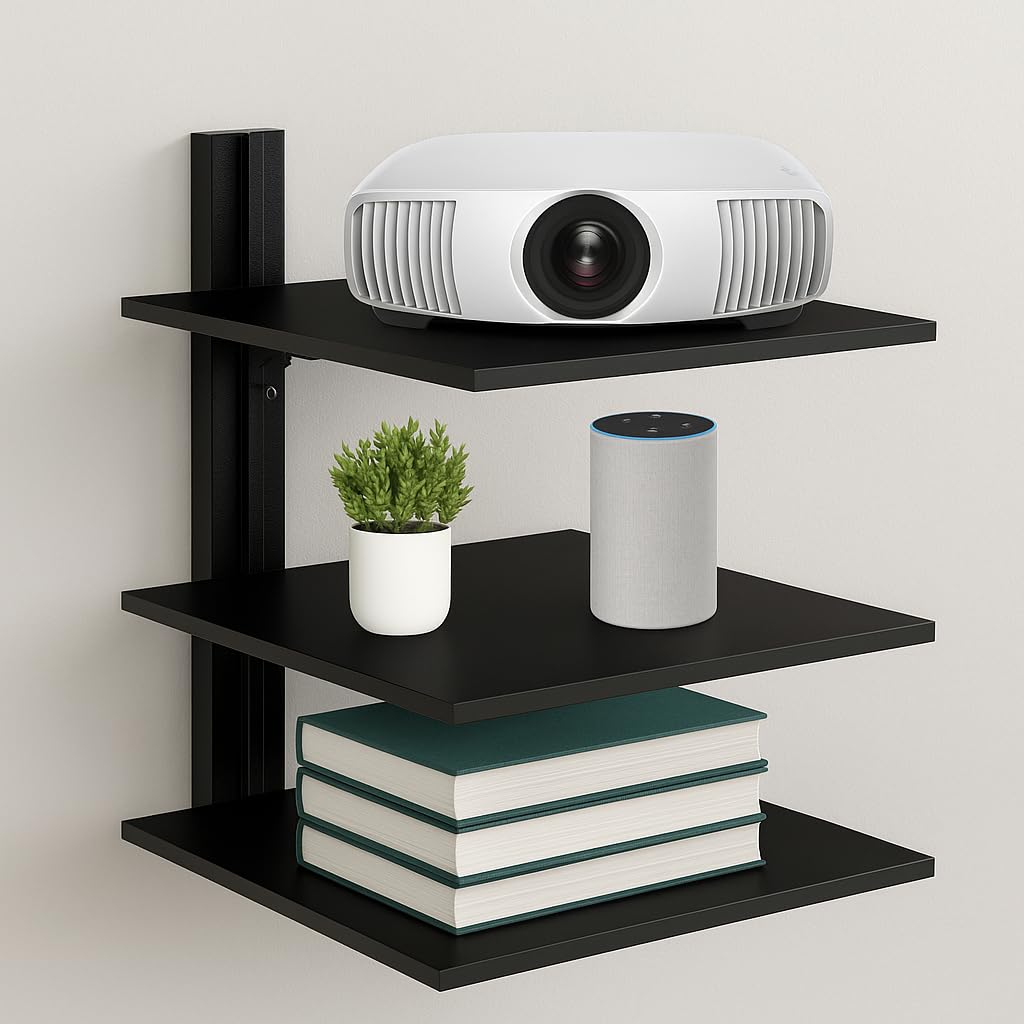 FEBTECH - Mensola sospesa per TV - Mensola per proiettore - Mensola da parete per TV, lettori DVD, console di gioco, decoder via cavo, accessori TV, 3 ripiani, nero