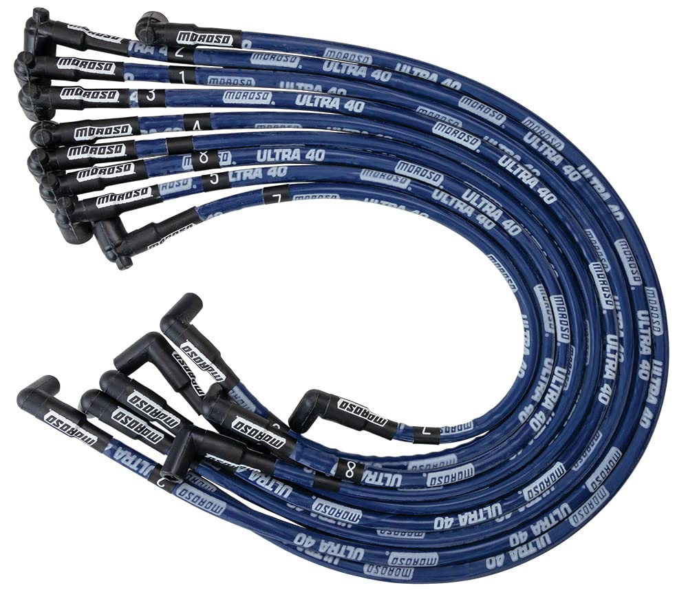 Moroso 73617 Ultra 40 Sleeved Wire Set in Blue, Fits Big Block Chevy, 90 Degree Plug Ends, Non HEI Distributor, Under Header Routing