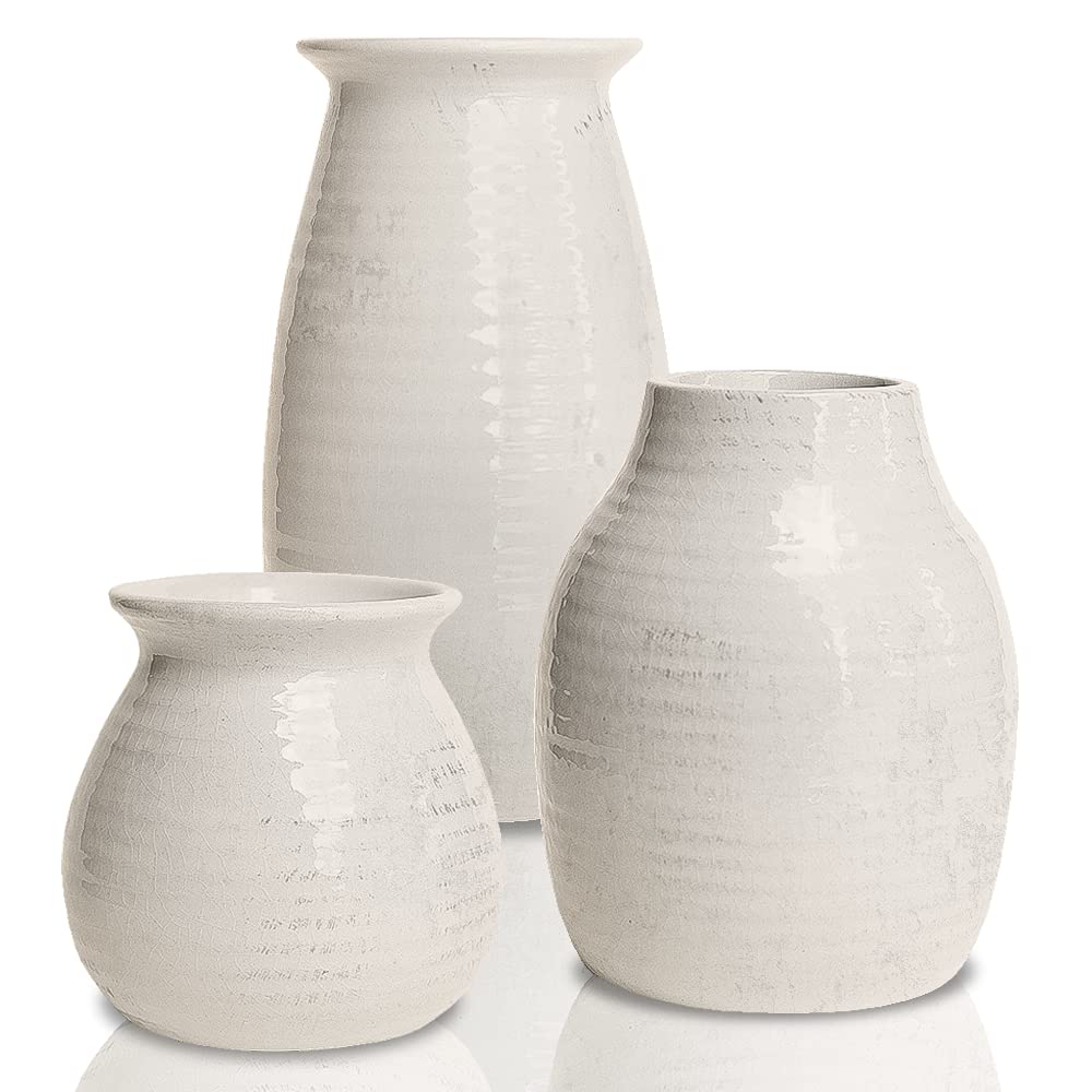 White Vases for Decor - Rustic Home Decor, Modern Farmhouse Decorations - Ceramic Vase for Fireplace Decor - Vases for Flowers, Rustic Decor for Living Room - Farmhouse Decor for The Home, Set of 3