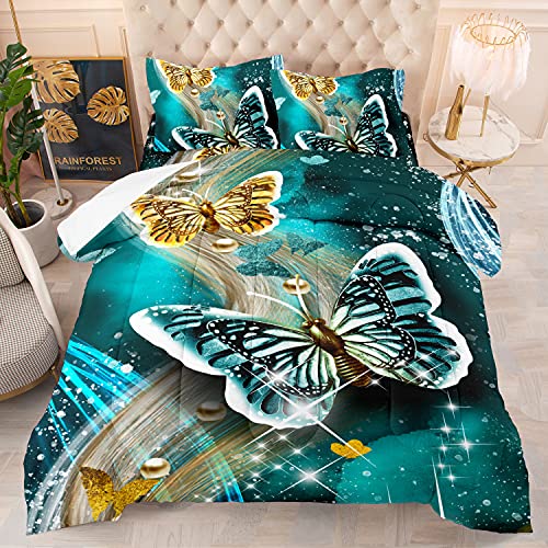 Mamrug 3 Pcs Butterfly Bedding Comforter Set Queen, 3D Fluid Art Print Ultra Soft Microfiber All Season Quilted Set For Kids ( 1 Comforter+2 Pillowcases), Gold Green #TOP24