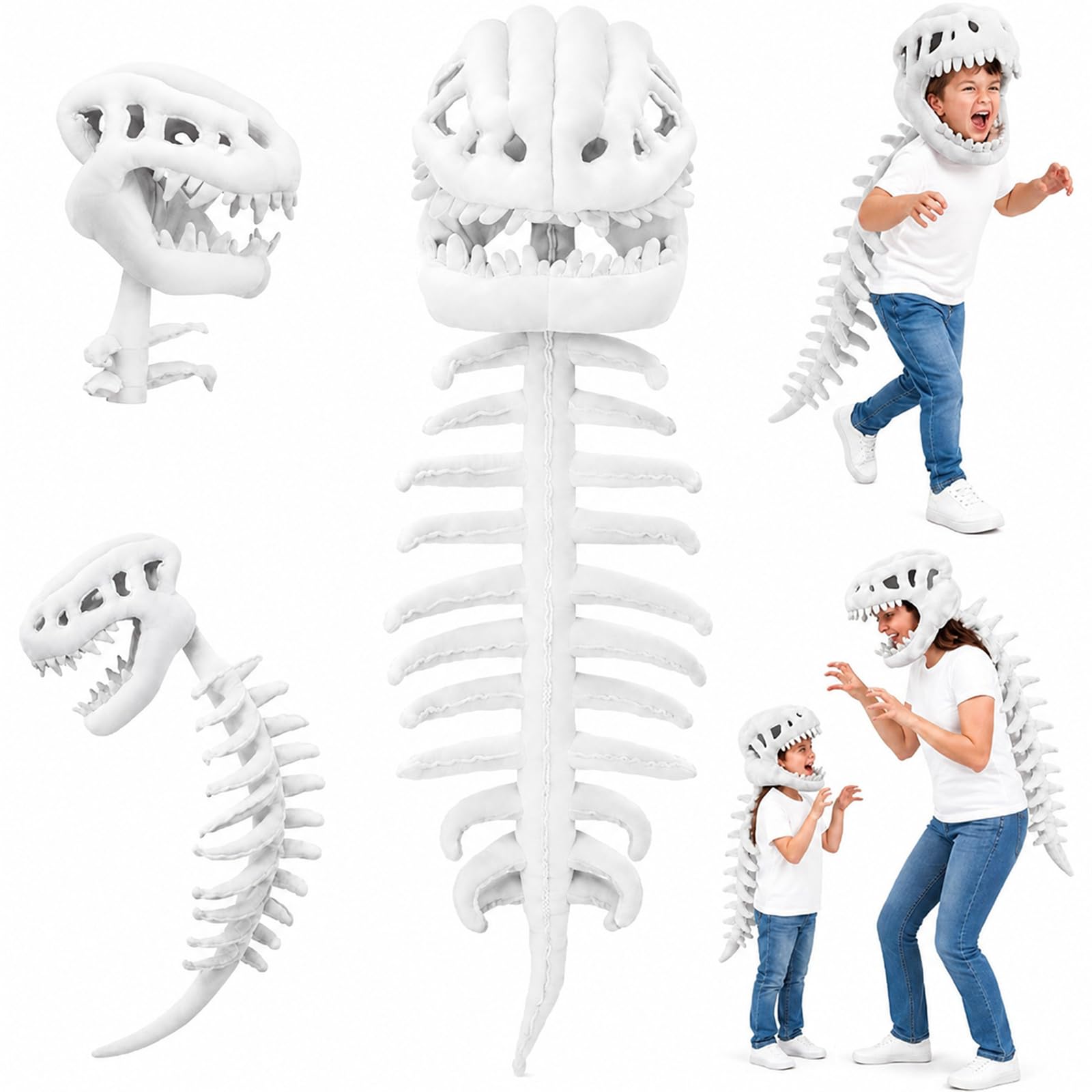 Dinosaur Skeleton Costume for Kids, Realistic 3D Dino Bones Plush Outfit, Fun Halloween Costume for Boys Girls, Cozy Dinosaur Dress Up Suit for Party, Cosplay and Pretend Play (White,for Kids)