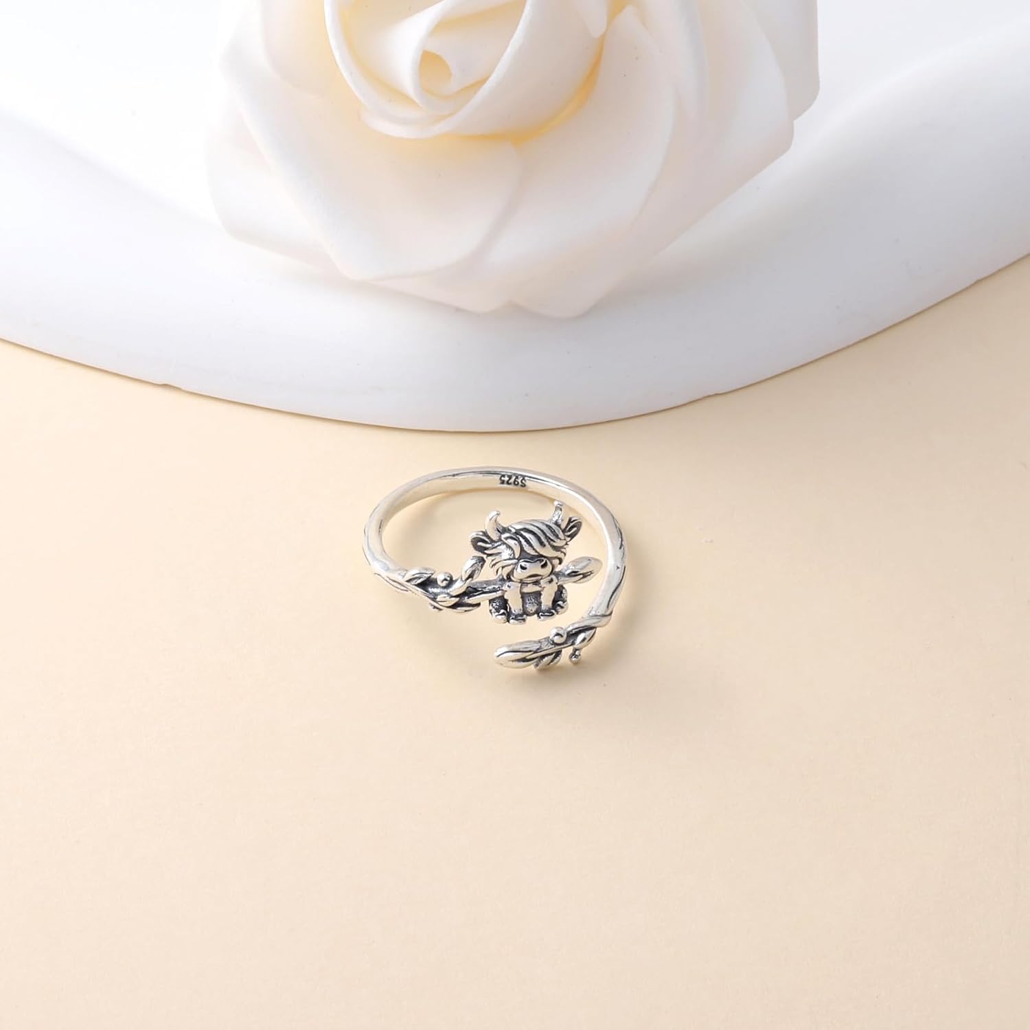 Highland Cow Ring for Women - 925 Sterling Silver Cute Animals Cattle Adjustable Rings Cow Open Ring Jewelry Gifts - Image 3