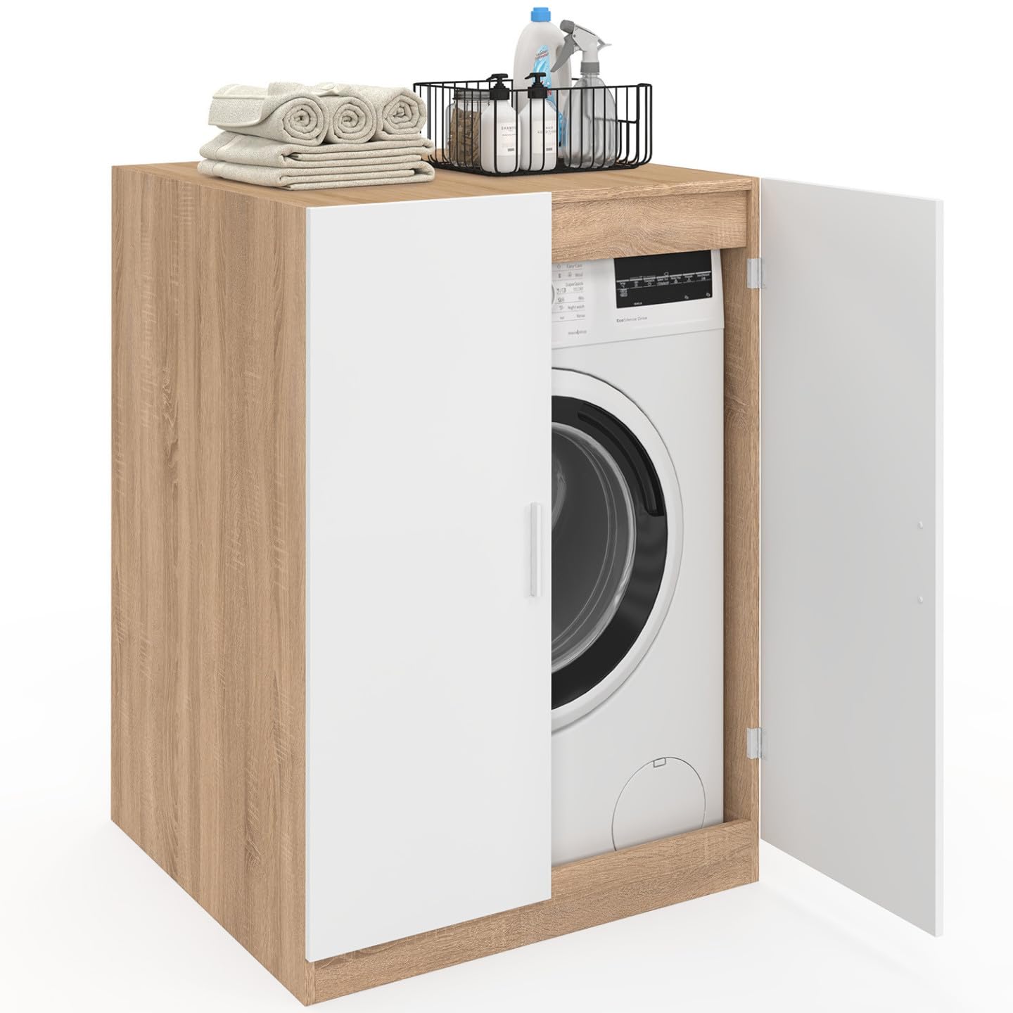 IDMarket – Mueble para lavadora con puertas Wallis blanco y madera efecto haya