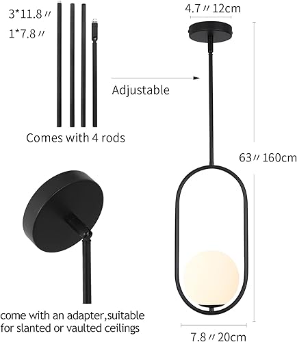 Miniatura 9 de SeeU Lámpara colgante cromada de mediados de siglo, lámpara colgante colgante con pantalla de vidrio blanco globo lámpara colgante para cocina, isla