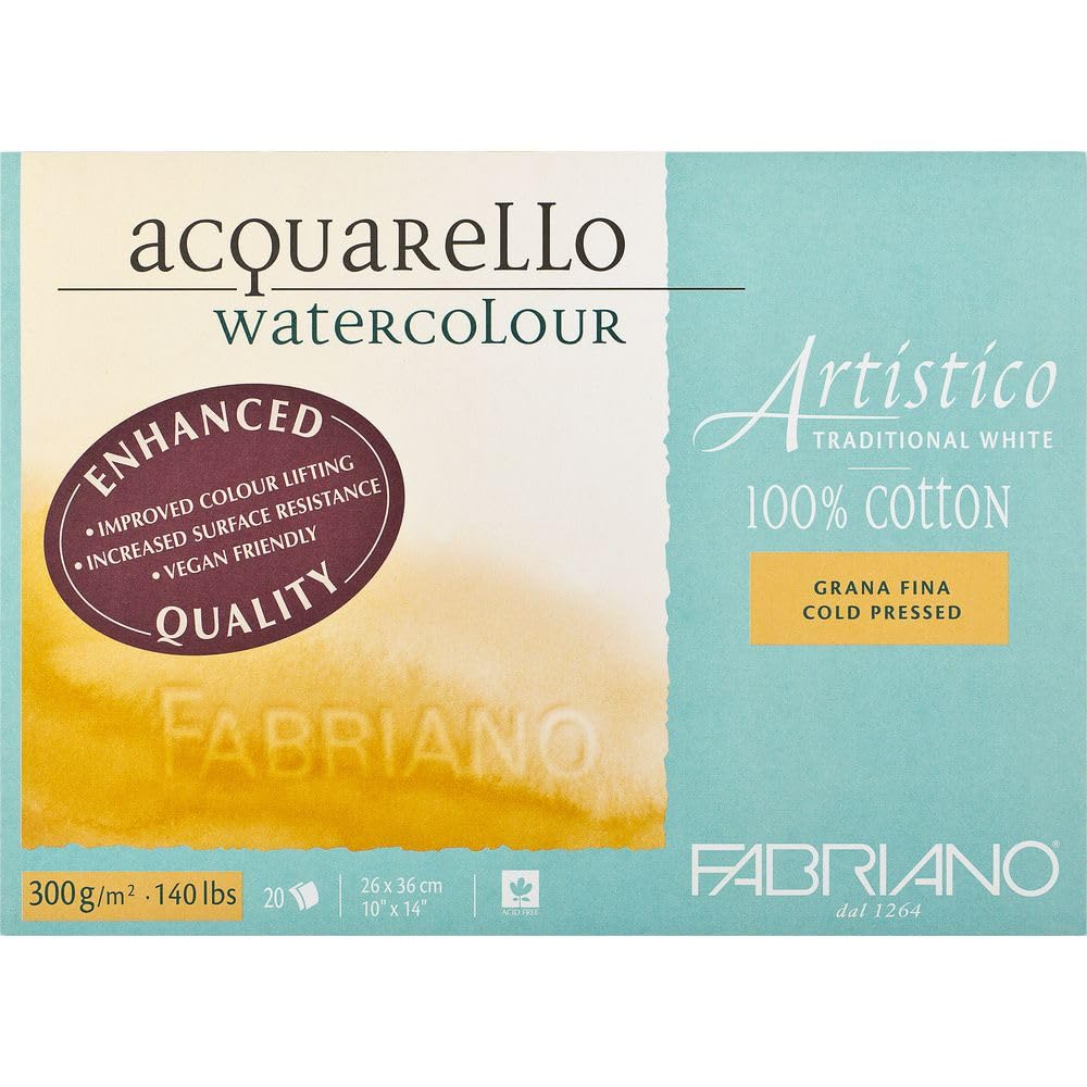 FABRIANO Artistico Bloc de 20 hojas de acuarela blanca, grano fino, 300gr, 26x36cm, 4 esquinas encoladas