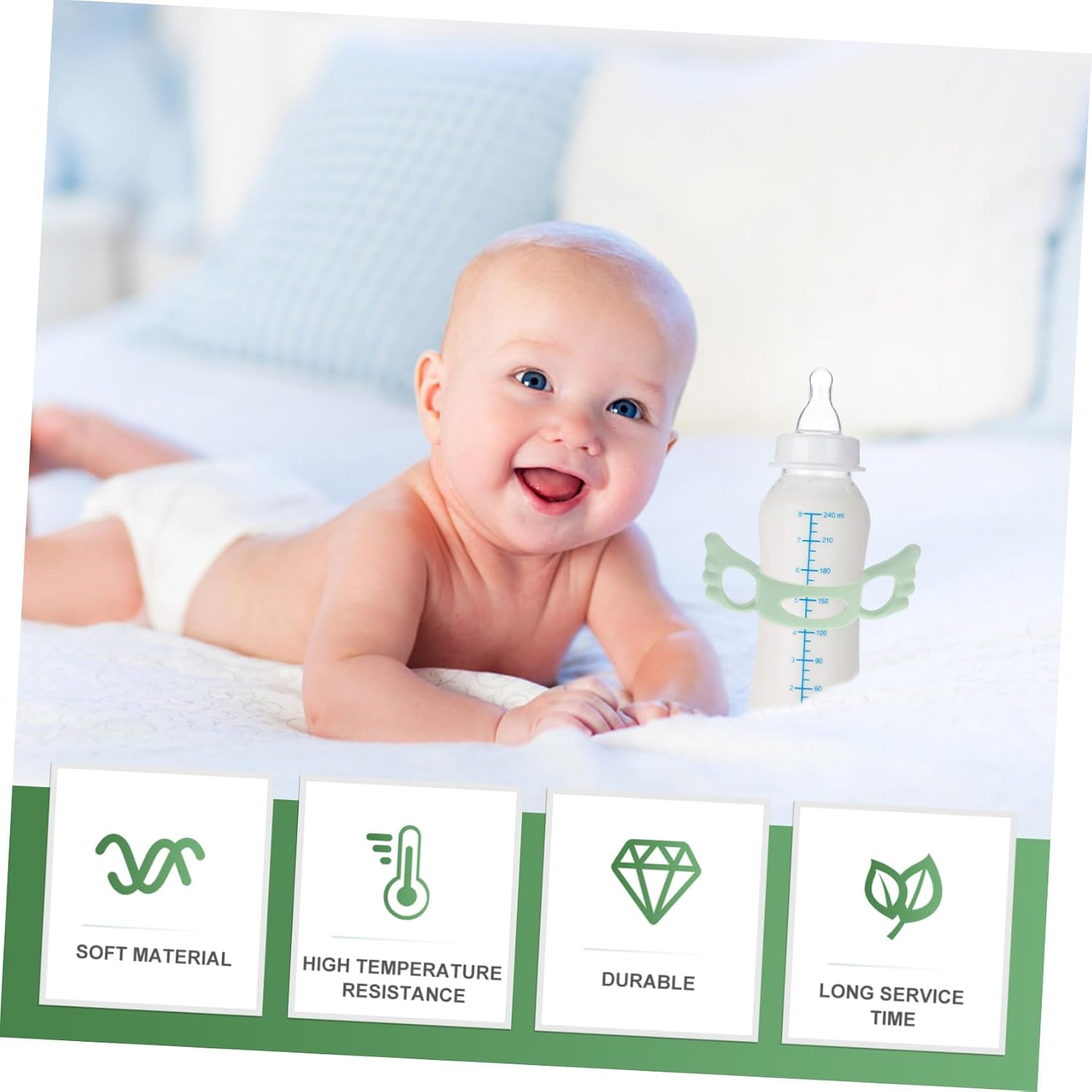 2pcs Silicone Bottle Sleeves with Handles Wide Neck Feeding Bottle Cover Easy-Install Hollow Design for Natural Feeding Green White