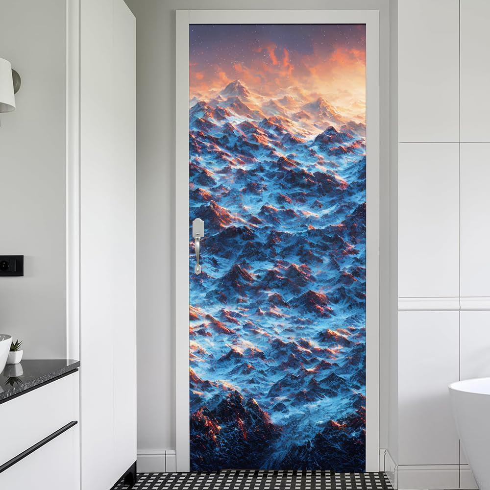Modern Snowy Mountain Door Stickers for Interior Doors Landscape 3D Door Decals Art Sticker Self Adhesive Door Murals for Bedrooms Living Room Bathroom Home Decor G731?90x200 cm?