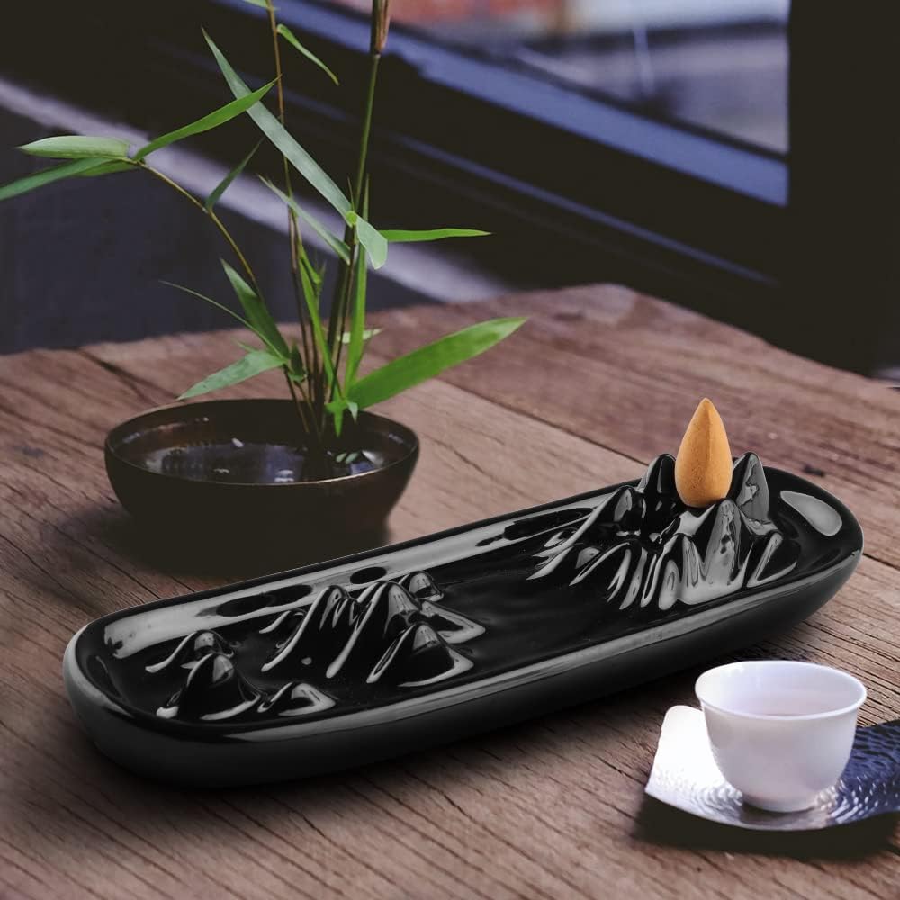 Kokorona Incense Stick Holder Waterfall Incense Burner Backflow Ceramic Incense Holder for Sticks and Cones Handmade Ash Catcher Incense Tray Home Decor Yoga Meditation, Black Glazed