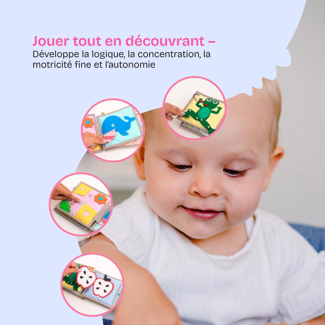 Jolly Designs Mini Quiet Book Lion Rêveur – Jouet Montessori dès 1 an – Livre d’activités Quiet Book en Tissu sans pièces détachables – Livre sensoriel & de motricité pour bébé