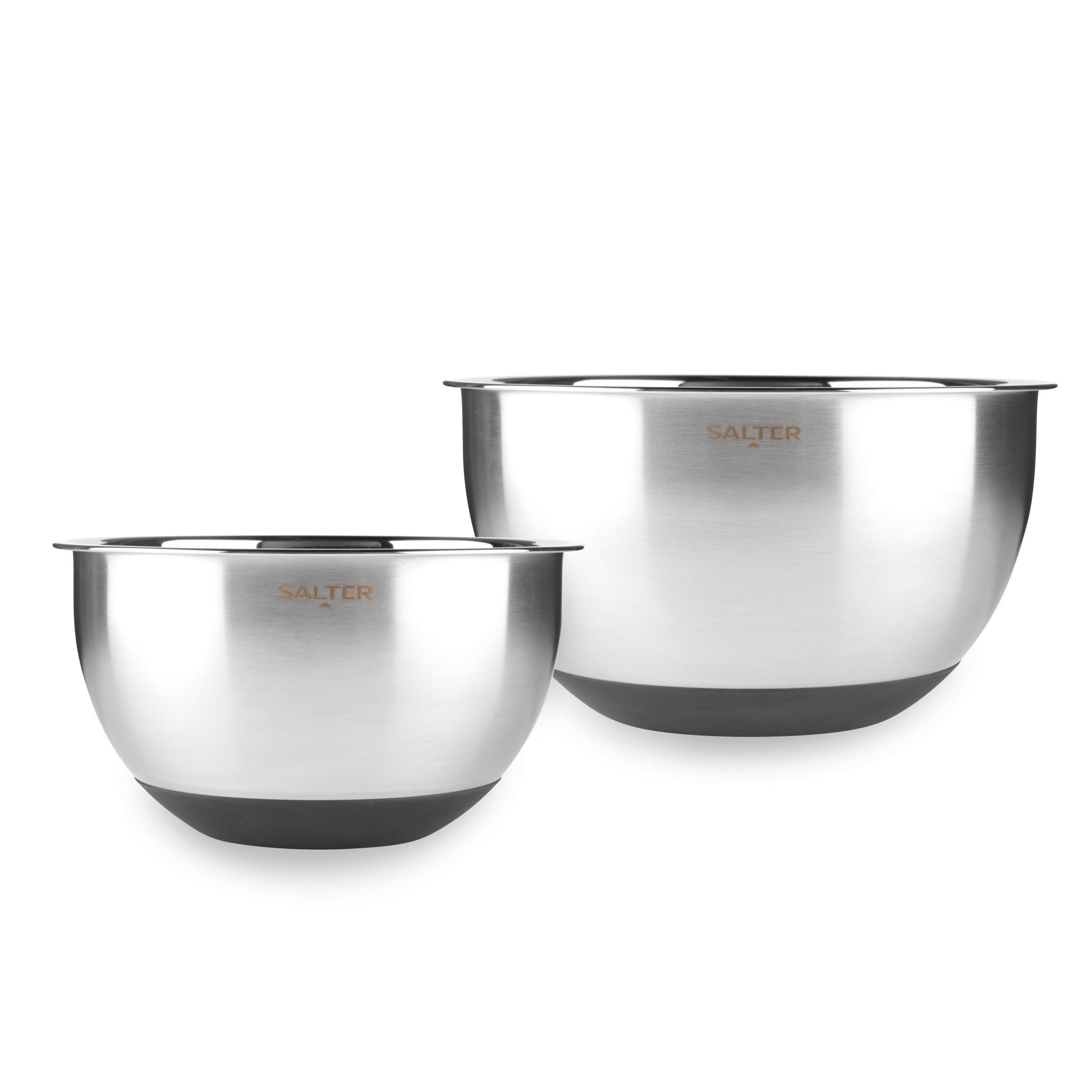 Salter Expert Mixing Bowl Set – Pack of 2, Durable Brushed Stainless Steel, 20/24 cm Baking Bowls, Silicone Non-Slip Base, Mirror Polished Interior, Measurement Scale, Versatile, Salad, Cooking