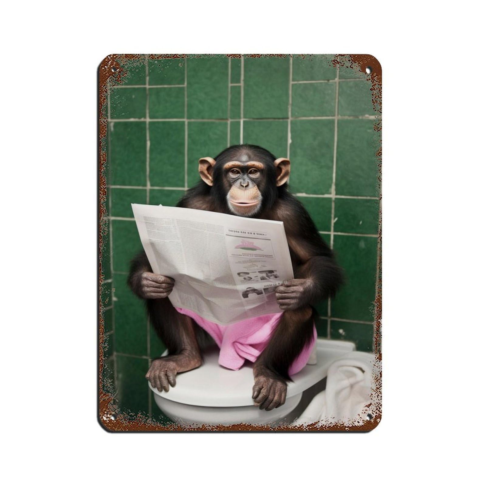 Chimpanzee on Toilet Reading The Newspaper Retro Poster Metal Tin Sign Chic Art Retro Iron Painting Bar People Cave Cafe Family Garage Poster Wall Decoration 12x16inch(30x40cm)