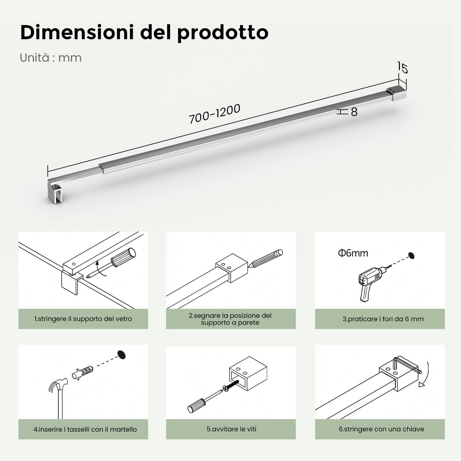 S'AFIELINA Barra angolare regolabile 700-1200mm, acciaio inox, vetro 8-10mm (1 pz)