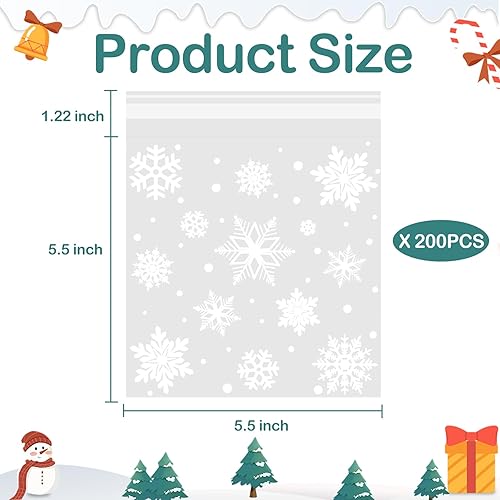 Miniatura 2 de Coopay 200 bolsas de galletas de Navidad con copos de nieve, pequeñas bolsas de celofán de 5.5 x 5.5 pulgadas, autoadhesivas, galletas de caramelo,
