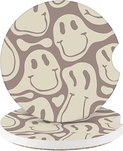 Watbro Posavasos para automóvil, morado sonriente, absorbentes, paquete de 2 para portavasos con muesca para los dedos, cerámica de 2.56 pulgadas,