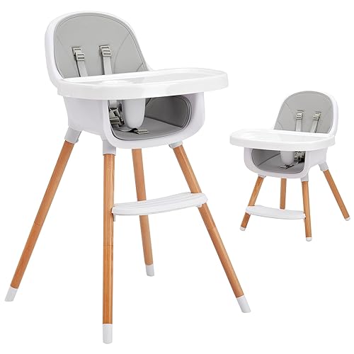 Silla alta para bebé, silla alta de madera 4 en 1 con 2 bandejas extraíbles aptas para lavavajillas, patas ajustables, arnés de 5 puntos, cojín de