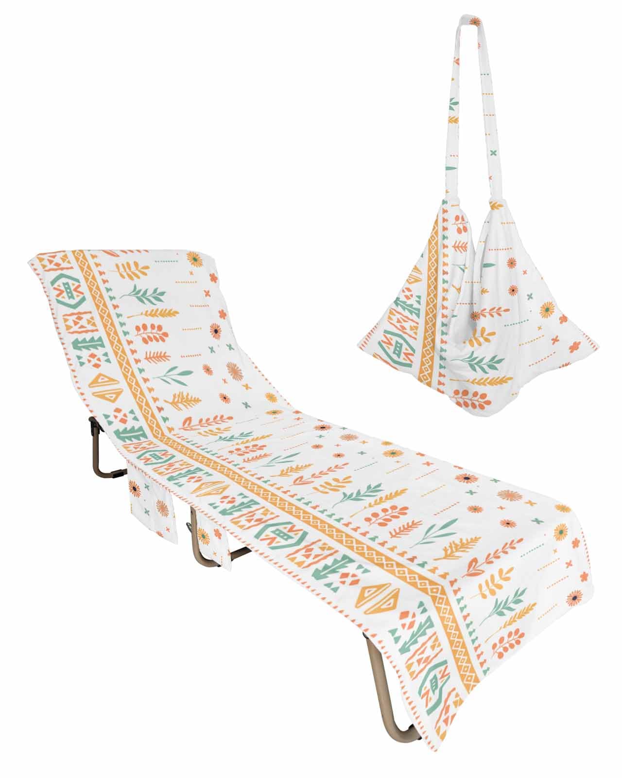 Beach Pool Patio Lounge Chaise Chair Cover Towel with Pockets,Orange Boho Floral Absorbent & Quick Dry Microfiber Towel Cover Bag Summer Travel Accessories Botanical Mexican Aztec Geometric Stripe