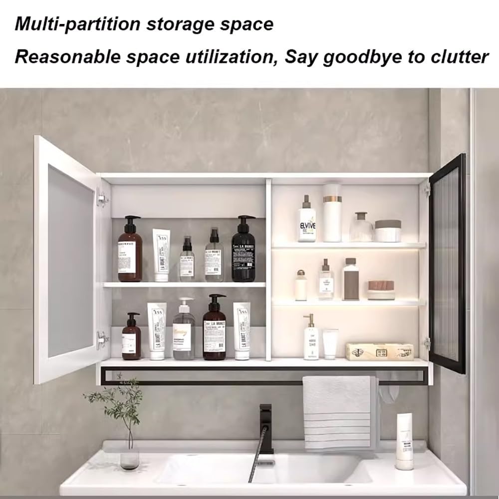 Armoire Murale Salle De Bain Avec Miroir Anti-buée Et LED - Dimensions 70cm, Bois Multicouche, Bouton Tactile