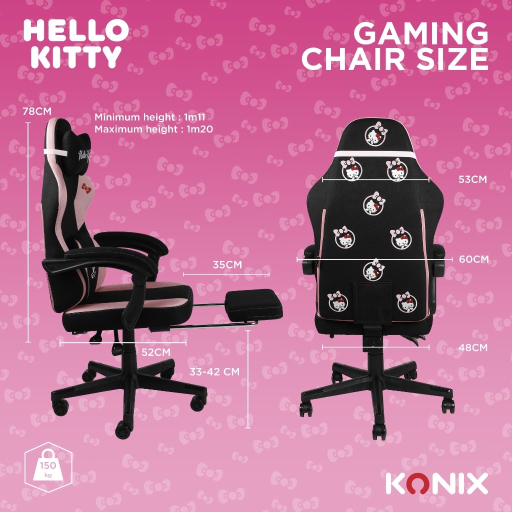 Konix Hello Kitty Gaming Bürostuhl - Sitzneigung 150° - Stoffbezug - Holz- und Metallgestell - Kissen - Fußstütze - Schwarz und Pink