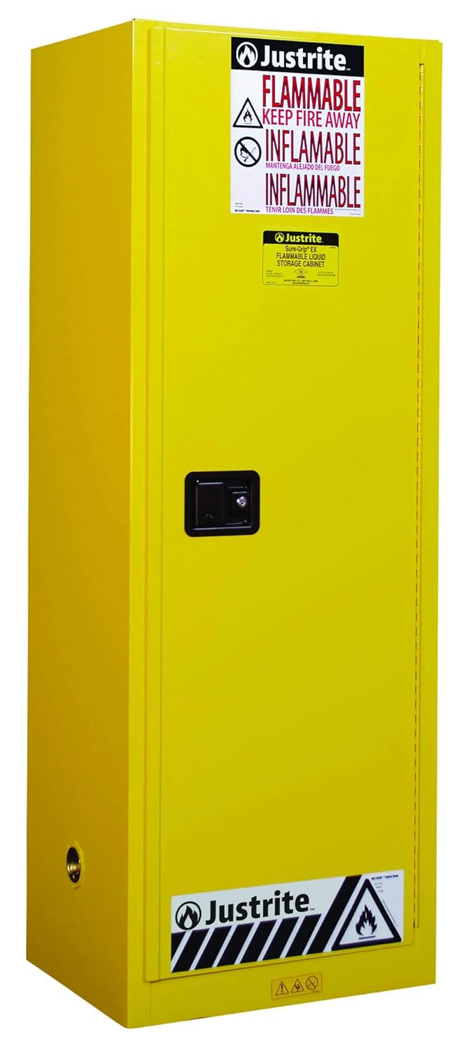 Justrite 892223 Sure-Grip EX Galvanized Steel 1 Door Self Close Slimline Flammables Safety Cabinet, 22 Gallon Capacity, 23-1/4" Width x 65" Height x 18" Depth, 3 Adjustable Shelvess, Gray: Science Lab Safety Storage Cabinets: Industrial & Scientific
