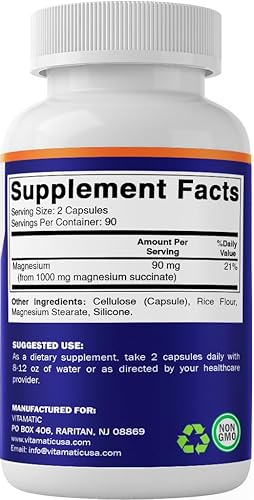 Miniatura 8 de Vitamatic Succinato de magnesio 1000 mg por porción (proporciona 90 mg de magnesio elemental) - 180 cápsulas - Forma altamente biodisponible - Apoya