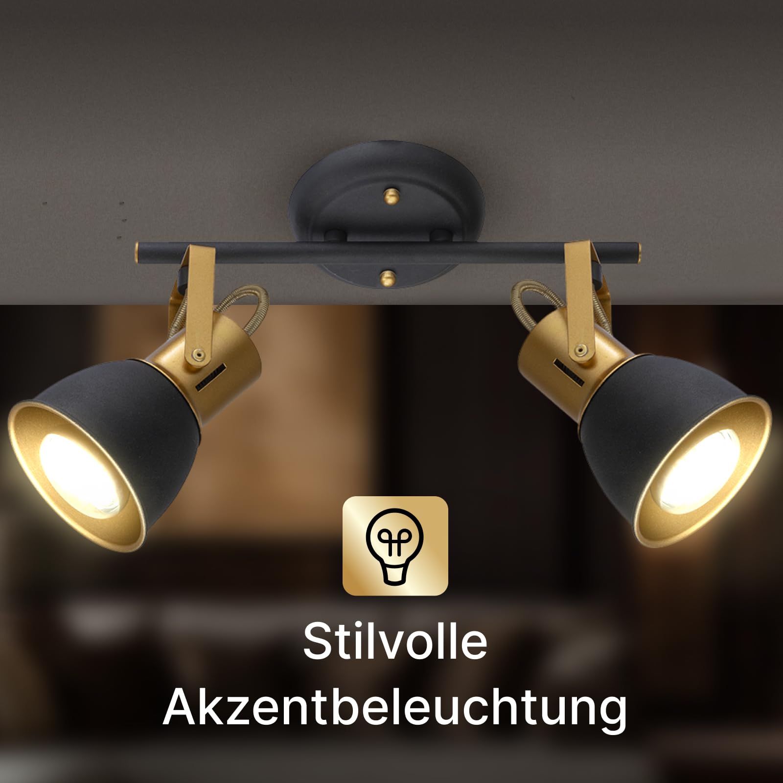 Lámpara de techo con 2 focos orientables, metal negro, con cable, focos LED de interior para cocina