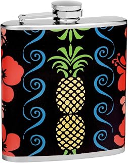 Hip Flask Gift Set with Refill Funnel and 2 Stainless Steel Shot Glasses - Hawaiian Theme Design - Black Wrapped Vinyl Finish - 6 oz Flask - Gift Box Included