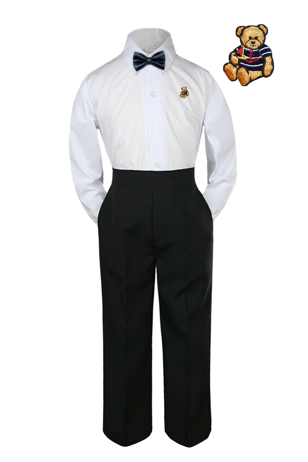 3pc Set Formal Baby Toddler Boys Navy Satin Bow Tie Black Pants Bear Suit S-7 (6)