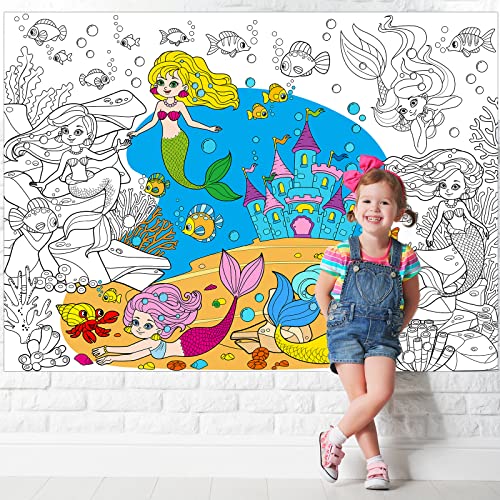 Image of 2 PCS Mermaid Coloring Books for Kids Mermaid Tail Giant Coloring Poster Large Coloring Tablecloth Huge Table Cover for Boys Girls Classroom Home Birthday Party Supplies Favor 31.4 x 43.3 Inch