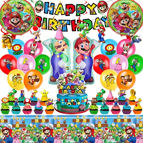 Mario Birthday Party Supplies Party Decorations Set Include Banner Balloons Hanging Swirls Cake Cupcake Toppers Tablecloth for Boys Girls Mario Theme Party