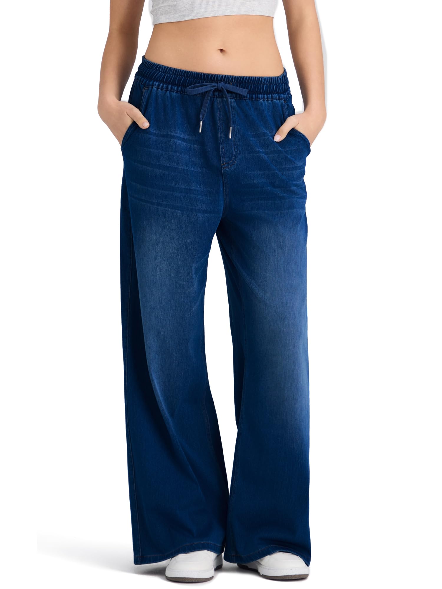 LaiEr Jeans Donna a Gamba Larga Alta Elasticità con Vita Regolabile con Coulisse.Palazzo Jeans da Donna Dritti in Denim Morbidi e Comodi,Ideali per Look Eleganti,Sport, Palestra,Tempo Libero e Yoga