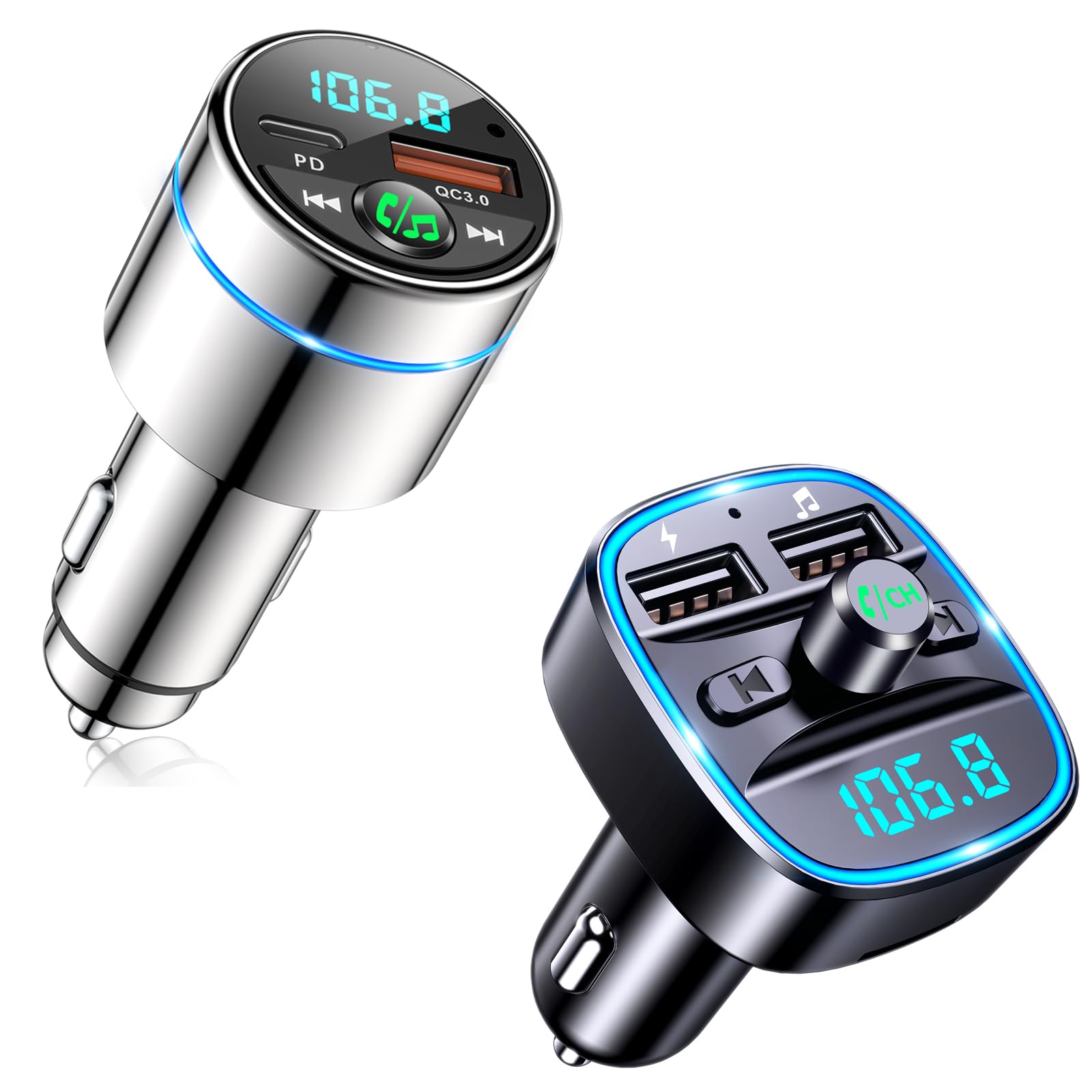 Mohard Transmisor FM Bluetooth 5.3 Coche, Todo Metal con Anillo LED, Cargador Rápido PD30W+QC3.0, Manos Libres con Cancelación de Ruido, Soporte USB/TF, Audio Hi-Fi