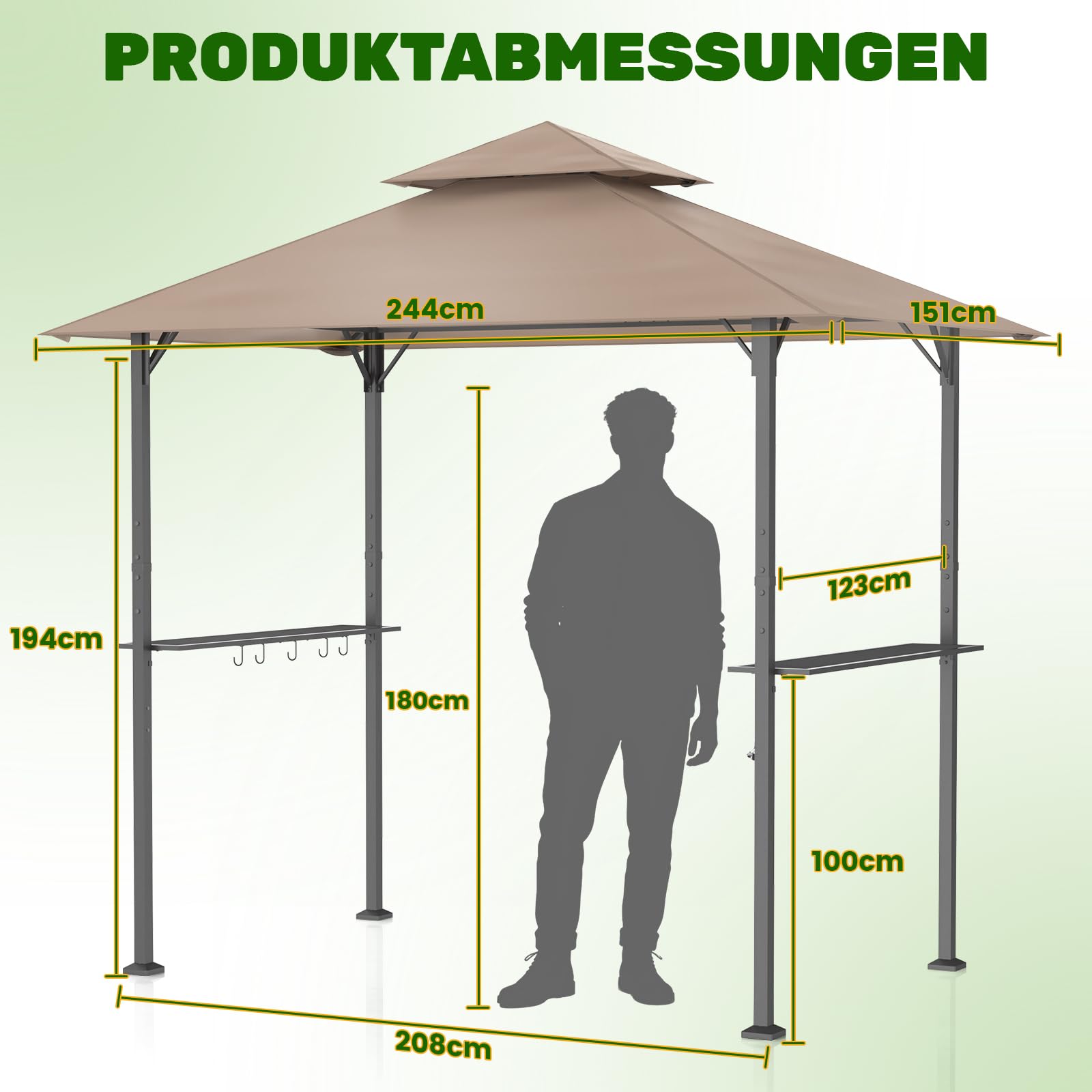 Huracan Grillpavillon mit Doppeldach, Wetterfest Gartenpavillon Grillüberdachung, Gartenlaube mit Seitenregalen, Flaschenöffner & Haken, UV-Schutz Belüftetes Dach, Grillunterstand BBQ Pavillon Party