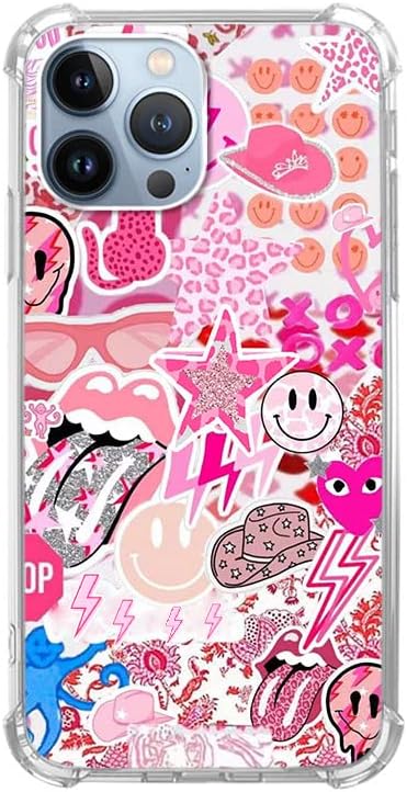Funda estética rosa hippie compatible con iPhone 13 Pro Max, funda vintage rosa con collage de caras sonrientes para iPhone 13 Pro Max para