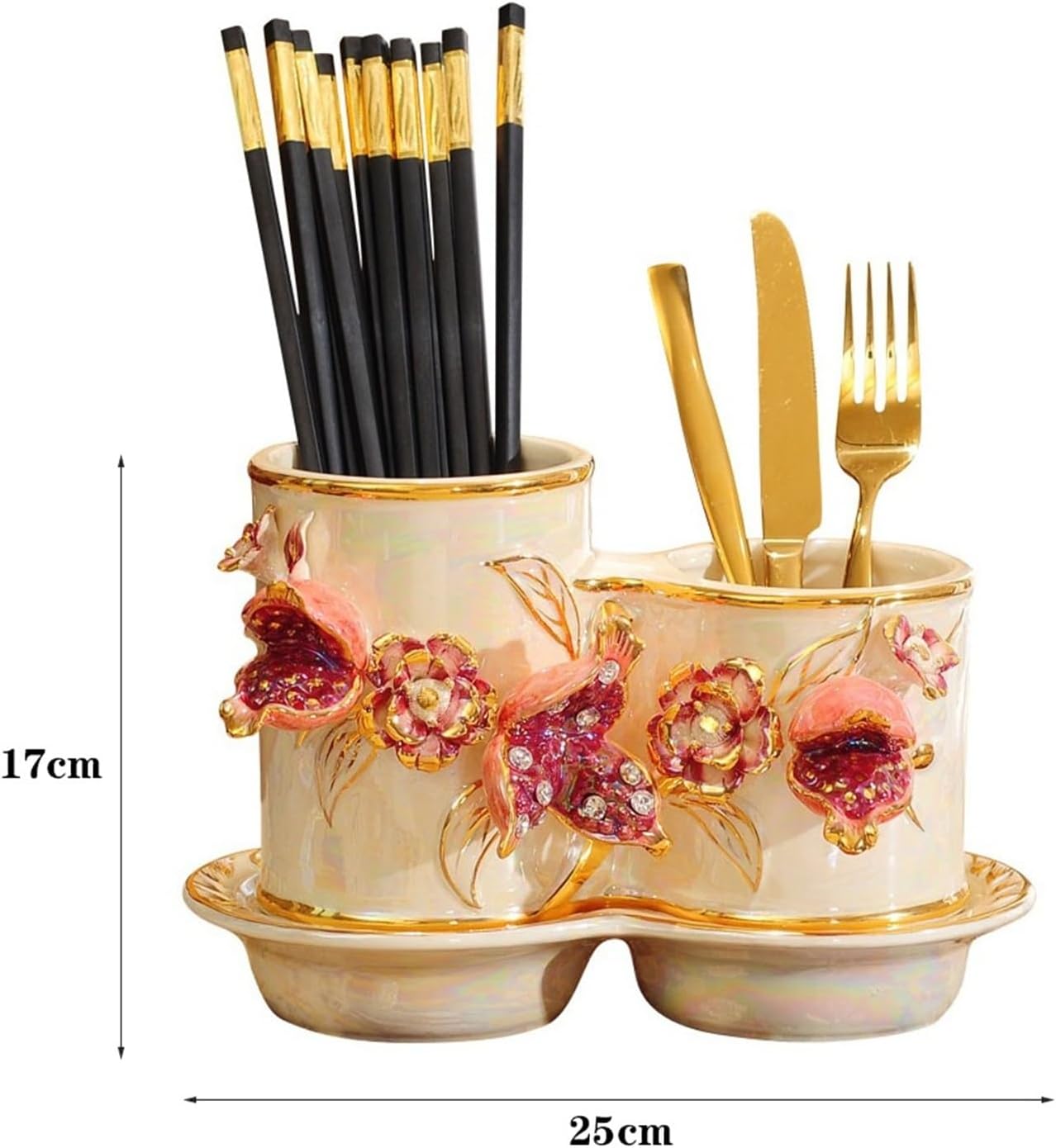 GLigeT Kitchen Utensils Holder Pomegranate Relief Utensil Caddy for Kitchen Countertop, 2-compartment Ceramic Utensil Holder, Cutlery Storage Organizer with Drain tray Kitchen Cutlery Holder