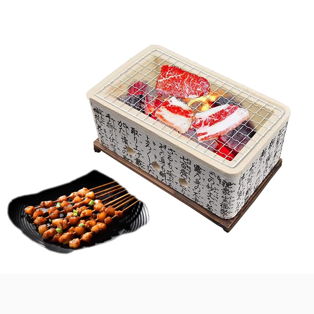 Yiustldd Japanese Ceramic Hibachi Table BBQ Grill, Yakitori Charcoal Portable Barbecue Stove with Wire Mesh Grill and Base for Outdoor Camping