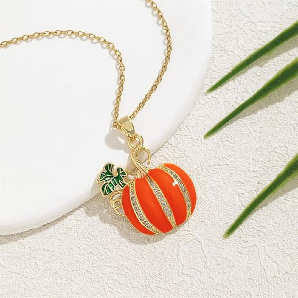 Dtja Rhinestone Pumpkin Pendant Necklace for Women Gold-Tone Fashion Enamel Halloween Thanksgiving Green Leaf Charms Link Chain Adjustable Cute Fall Holiday Festival Jewelry Gift Souvenir 18" - Image 6