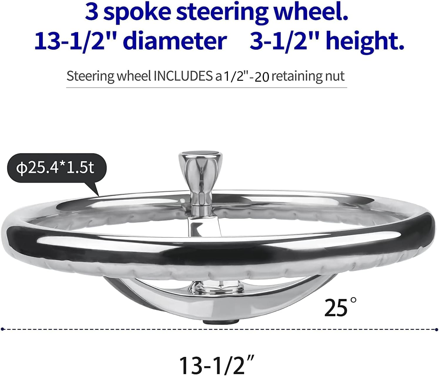13.5 Inch Boat Steering Wheel with 3/4“ Tapered Shaft, Anti-Slip Knurling Steering Wheel with Turning Knob 1/2"-20 Nut for Teleflex Manual Cable Type Steering Helm