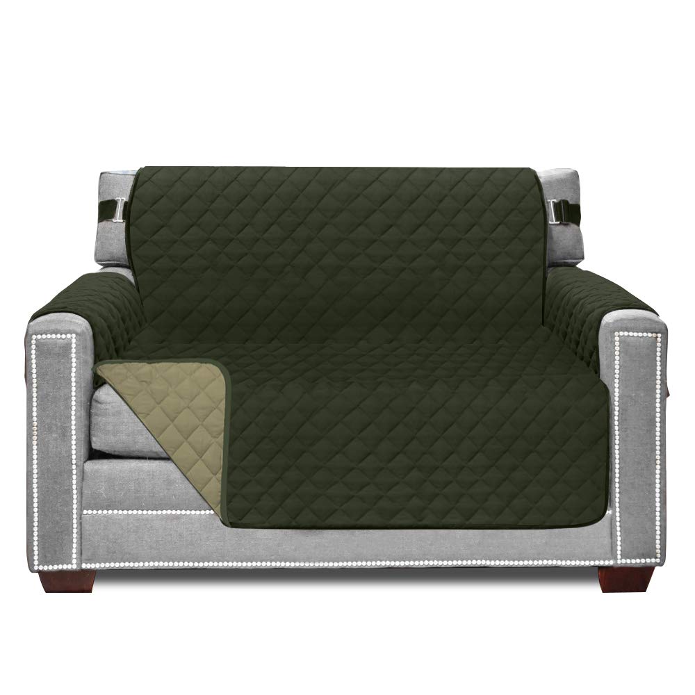 Sofa Shield Chair Slip Cover with Patented Strap, Cushion Protector, Reversible Stain and Dog Tear Resistant Slipcover, Quilted Microfiber 48in Seat, Washable Covers for Dogs Pets Kids, Hunter Sage